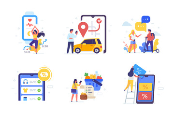 People use gadgets. set of icons, illustration. Smartphones tablets user interface social media.Flat illustration Icons infographics. Landing page site print poster.