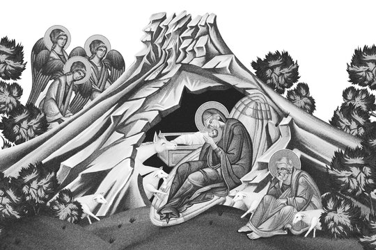 Jesus birth. Christmas sketch  illustration - fresco in Byzantine style