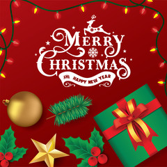 Christmas background decorated with gift box, bauble, star and Christmas berries. Vector Illustration