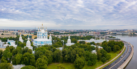 Saint Petersburg. Russia. View from the height to the Smolny Cathedral. Architectural ensemble of Smolny Cathedral on a summer day. Architecture Of Petersburg. Panorama of Petersburg from the drone.