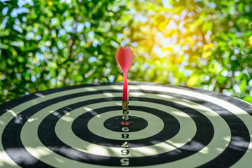 Dartboard with dart in center. Bullseye is a target of business. Dart is an opportunity and...