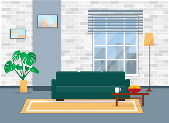 Living room in modern style. Apartments with window and furniture . Flat vector interior design illustration.