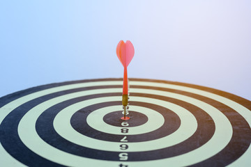 Fototapeta na wymiar Dartboard with dart in center. Bullseye is a target of business. Dart is an opportunity and Dartboard is the target and goal. Concept of target in business and success.
