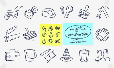 Vector thin line drawings set and graphic design elements. Illustration with construction, industrial, engineering. Home repair tools, worker, building pictogram. Editable stroke