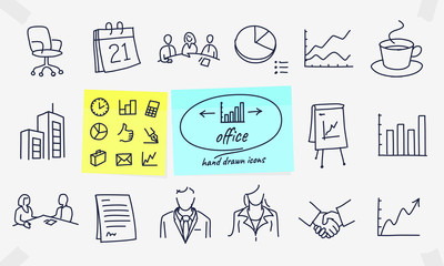 Set of office related vector drawings, doodles, line icons. Contains such Icons as Business Meeting, Workplace, Office Building, Reception Desk and more. Editable Stroke.