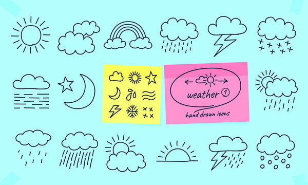 Weather conditions symbols in drawing, doodle style. Concept of clouds, rainbow, moon, stars, sunrise, sunset, lightning, snow. Vector illustration with editable strokes.