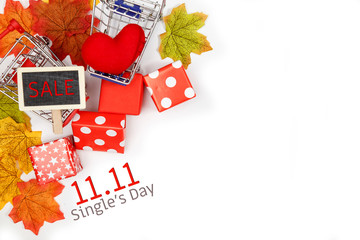 Online shopping of China, 11.11 single's day sale concept. The red gift boxes on white background...