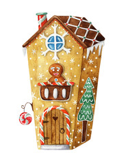  Christmas watercolor illustration. Christmas gingerbread house. For greeting cards and Christmas design.