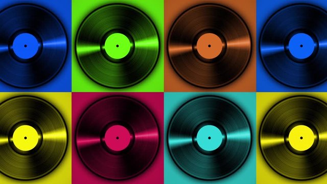 Spinning vinyl discs on simple colors background. Seamless looping footage.