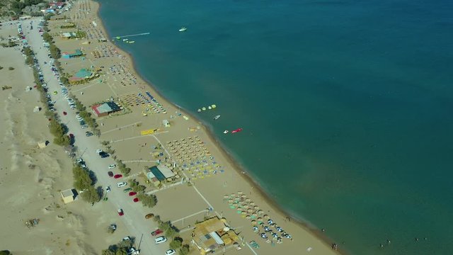 Aerial drone video of famous beach of Tsampika, Rhodes island, Dodecanese, Greece.