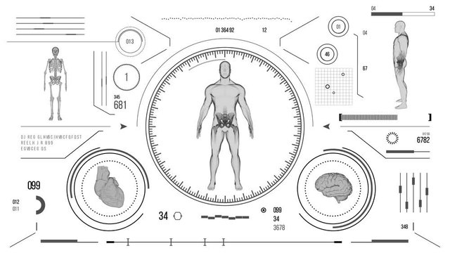 Futuristic medical user interface with HUD and infographic elements. Virtual technology background. Head-up display template for business, games, motion design, web and app. Human anatomy scan.
