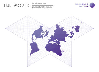 Polygonal world map. Gnomonic butterfly projection of the world. Purple shades colored polygons. Creative vector illustration.