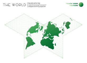 Low poly design of the world. Collignon butterfly projection of the world. Yellow-Green colored polygons. Modern vector illustration.