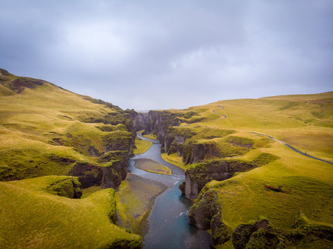 Unique landscape of Fjadrargljufur in Iceland. Top tourism destination. Fjadrargljufur Canyon is a massive canyon about 100 meters deep and about 2 kilometers long, located in South East of Iceland..