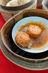 Close up dim sum chinese food in bamboo basket