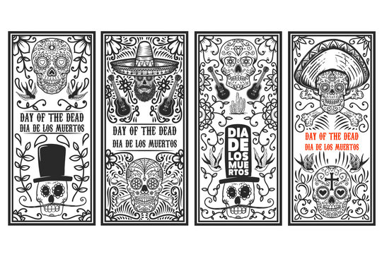 Set Of Day Of The Dead (Dia De Los Muertos) Flyer Templates. Design Element For Poster, Card, Banner. Vector Illustration