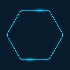 Neon hexagon frame on dark blue background, vector illustration.