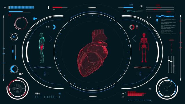 Human heart scan. Futuristic medical user interface with HUD and infographic elements. Virtual technology background. Head-up display template for business, games, motion design, web and app.