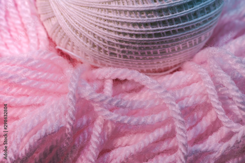 Poster Close up beautiful tangle of thread in red and blue light background texture. Macro Photography view.