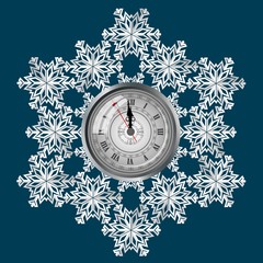 Clock on a background of snowflakes, a symbol of the upcoming Christmas. Just one minute before Christmas. Vector illustration.