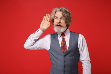 Curious elderly gray-haired mustache bearded man in classic shirt vest colorful tie posing isolated...
