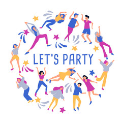 Layout template with cute young men and women dancing together , template for card, banner and poster : Vector Illustration