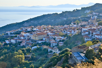 Fototapeta premium Small towns Marathokambos, Platanos, Voutliotes and Koumaiika on the Greek Aegean island of Samos.