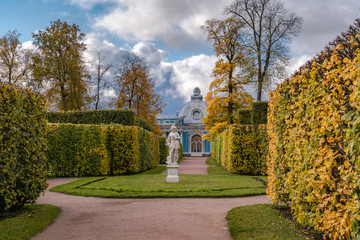 Golden autumn in Catherine Park, Pushkin, St. Petersburg, Russia. Pavilion 
