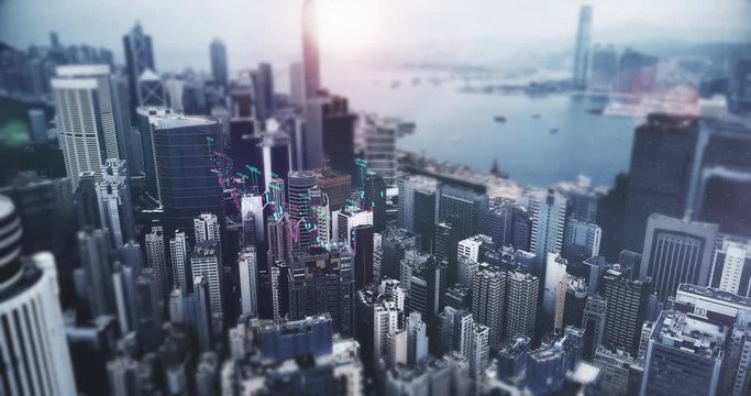 AERIAL. Animation of charts bar and Hong Kong cityscape on the background.