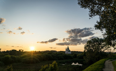 Suzdal. Gold ring of Russia. Church of Elijah the Prophet at sunset.