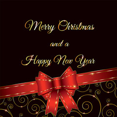Merry Christmas and New Year background with red bow and golden ornament