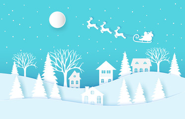 Naklejka premium Winter landscape with houses and trees.Santa Claus on the sky in winter season.Merry Christmas and Happy New Year. paper art design.Vector EPS 10.