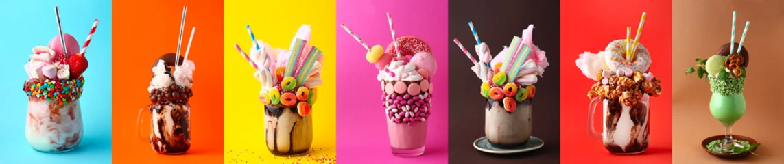 Rolgordijnen Different delicious freak shakes on colorful background © Pixel-Shot