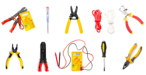 Set of electrician's supplies on white background