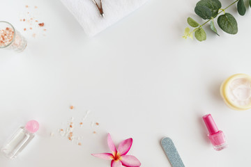 Tools of manicure set for nail care on a white background. Beauty concept. Copyspace mockup.
