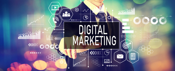 Digital marketing with a businessman on a shiny background