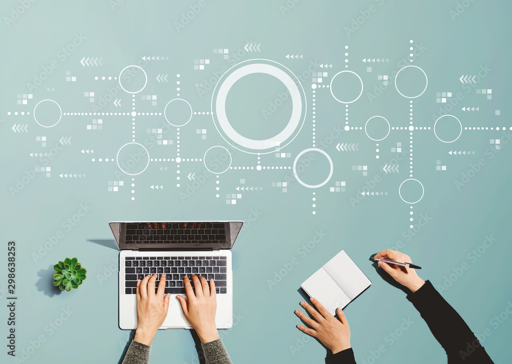 Poster connected circles chart with people working together with laptop and notebook