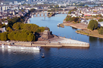 Deutsches Eck, German Corner, the confluence of the Rhine and Moselle rivers with the equestrian...