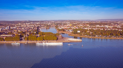 Fototapeta na wymiar Deutsches Eck, German Corner, the confluence of the Rhine and Moselle rivers with the equestrian statue of Kaiser Wilhelm in Koblenz, Rhineland-Palatinate, Germany, Europe