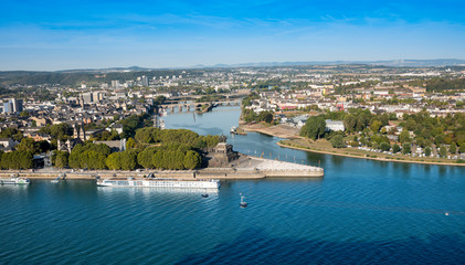 Deutsches Eck, German Corner, the confluence of the Rhine and Moselle rivers with the equestrian statue of Kaiser Wilhelm in Koblenz, Rhineland-Palatinate, Germany, Europe
