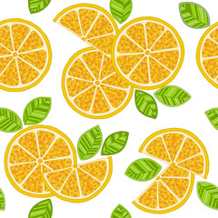 Obraz premium Oranges slices seamless pattern. Hand drawn fresh tropical citrus fruit.