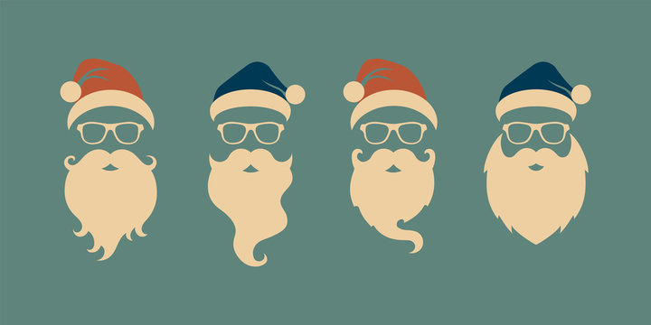 Vector set of faces with Santa hats, mustache and beards. Christmas Santa design elements. Holiday icons