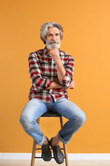 Fototapeta premium Portrait of handsome senior man sitting on chair against color wall