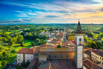 Vinci, Leonardo birthplace, view and bell tower of the church. Florence, Tuscany Italy - obrazy, fototapety, plakaty