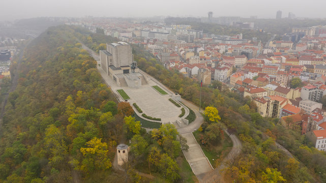 Aerial view of National Monument on Vitkov Hill - National war memorial and history museum, Prague, Czech Republic