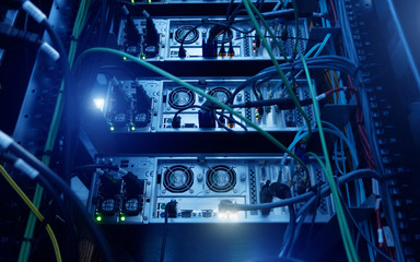 Back of server. Blue Technology Background. 