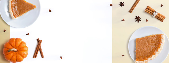 Pumpkin pie with autumn pumpkin - overhead view © Tierney