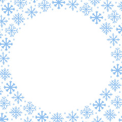 Vector winter frame background with blue hand drawn snowflakes on white background. Copy space for text. Winter, New Year and Christmas design element, square template for greeting card, poster