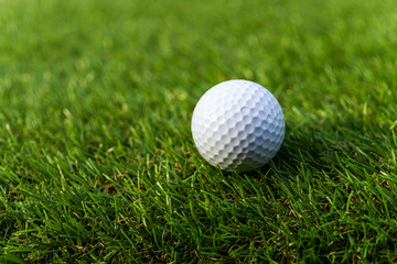 Golf ball on the green,Green grass with golf ball close-up in soft focus at sunlight. Sport playground for golf club concept - wide landscape as background for your lettering about golf playing.