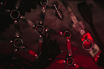 Set for BDSM sex in a sex shop. Metal anal plug, leather whip Flogger
